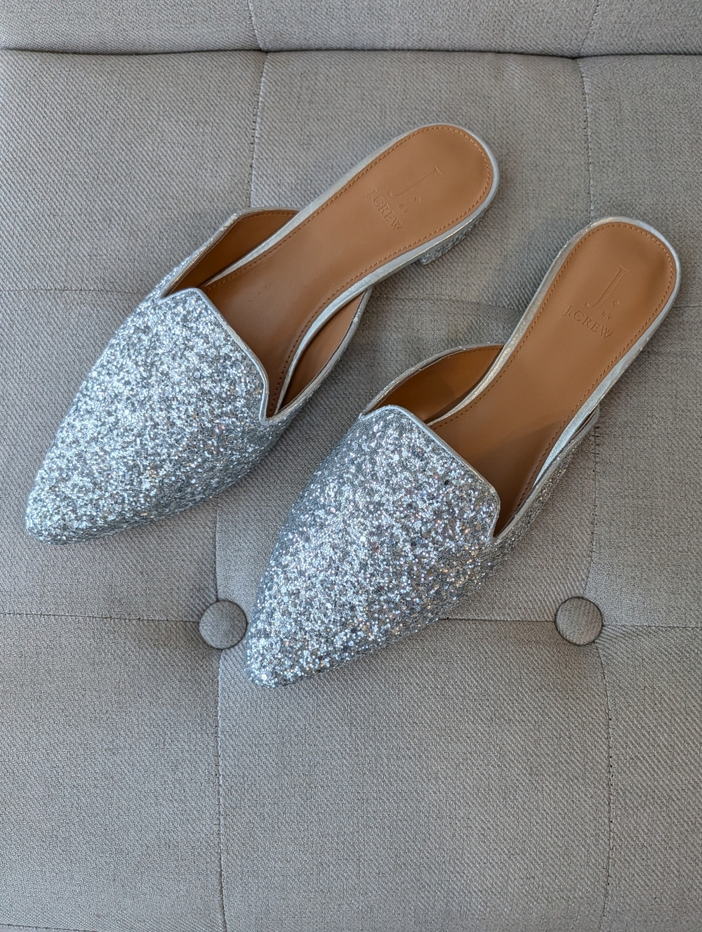 J. CREW Marina Silver Glitter Sequin Mules Closed Toe Slide Flats Shoes Size 10